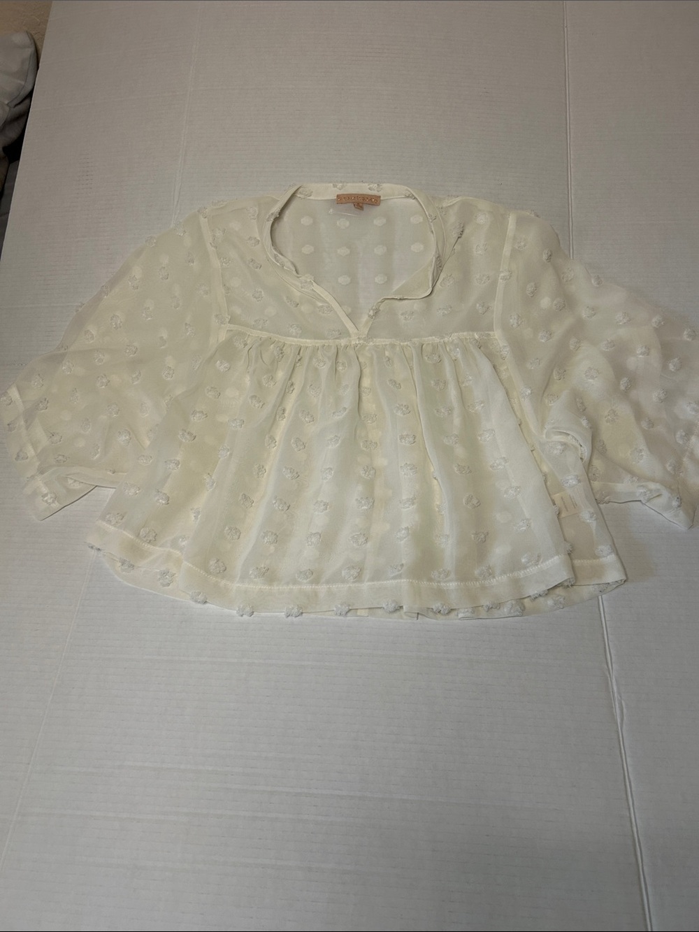 Evolutionary Sz Small Sheer Boho Cream Swiss Dot Peasant Blouse /textured dots